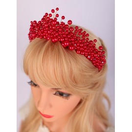 Teyglen Bridal Pearl Headband Vintage Red Pearl Beads Hair Crown Bridal Greek Goddess Pearl Head Pieces Hair Accessories for Women Party Prom Birthday (Red)