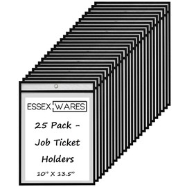 25 Pack Job Ticket Holder (Black) - by Essex Wares - Use in Your Business or in a Classroom. Easily fits Standard 8.5 X 11 Sheets of Paper. Hang on a Hook or can Write on and Wipe Away.