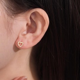 CZ Heart Studs Earrings for Women 925 Sterling Silver Small Screw Back Cartilage Stud Love Crystal Earring Hollow Out Sleeper Ear Tragus Piercing Post Valentine Jewelry, Tiny, Metal, Created Cubic