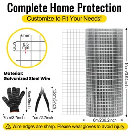 COZCLAM 100mm x 6m Rodent Mesh, Galvanised Wire Mesh with Gloves and Plier, Rustproof Metal Wire Mesh Roll Rat Mesh for Rodent Proofing, Filling in Gaps Around the Home & Garden