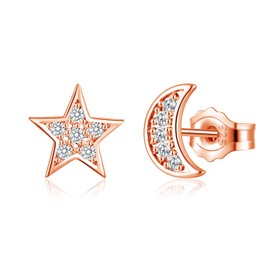 Deyanse Silver Stud Earrings for Women, 925 Sterling Silver Star Moon Heart Stud Earrings, Hypoallergenic Flat Stud Earrings with Zirconia, Small 8 mm Sleeping Cartilage Stud Earrings with Gift Box,