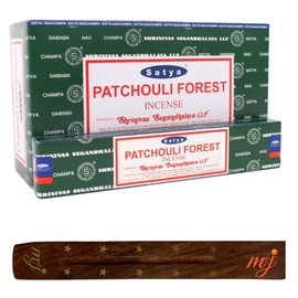 Original Satya Nag Champa Patchouli Forest Sticks | with M&J incense sticks holder | Full Box | for Aromatherapy, Spa, Yoga, Weddings, Meditation, Healing, Positivity and Relaxation
