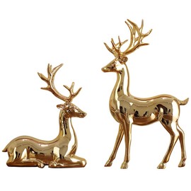 AAHIFIT 2Pcs Elk Deer Statue Reindeer Figurines Resin Sculpture Living Room Home Decoration Nordic Tabletop Ornaments (Gold 2pcs)