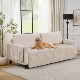Pamhaven Backless Couch Cover for Dogs with Pockets, Anti-Slip Diamond Quilted Couch Covers for 3 Cushion Sofa, Washable Couch Seat Covers, Water-Repellent Sofa Cover (Large Sofa 68", Beige Cream)