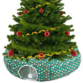 Yeyeplum Cat Tunnel Bed Under Christmas Tree 3 ft x 3 ft x 10 Inch Cat Bed Tunnel with Hanging Ball Xmas Cat Donut Tunnel Round Cat Hideaway Holiday Circle Cat Cave Pets Gift(Green,Santa Claus)