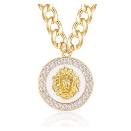 Aononu Hip Hop Statement Lion Head Round Pendant Necklace Women's Chunky Chain Crystal Choker Punk Costume Cocktail Jewelry