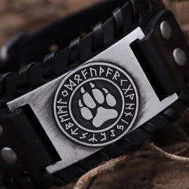 HAQUIL Viking Bracelet for Men - Runes Wolf Paw Print Talisman, Nordic Black Wide Leather Wristband Jewelry
