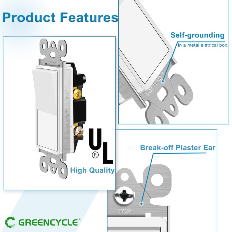 Greencycle Single Pole Rocker Light Switch,Paddle Light Switch 15 Amp,Sp