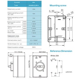 AC Disconnect Switch 20Amp 4-Pole Isolator Switch 690V AC 2-Positions IP66 Waterproof Isolation PV On-Off Rotary