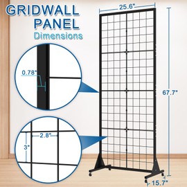Mutualsign Grid Wall Panel Display Stand 2.1'x5.6' Ft, Movable Floorstanding Wire Grid Panel Rack with Wheels, Detachable Gridwall with Extra Hooks for Retail, Vendor Events & Craft Fairs