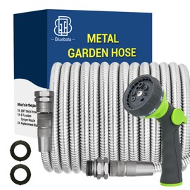 Bluebala Metal Garden Hose - 75FT Heavy Duty Stainless Steel Water Hose with 8-Mode Spray Nozzle, 3/4" Fittings, Leak Proof, Puncture Resistant, No Kink, Lightweight Outdoor Hose for Yard, Farm, Car