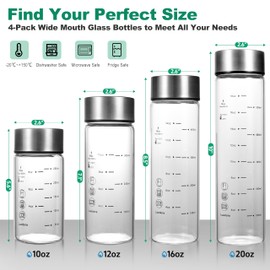 Lucidora 4 Pcs 16oz Glass Juice Bottles with Lids, Wide Mouth Glass Water Bottles with Measurement Markings Reusable Borosilicate Bottle for Juicing Smoothies Beverages, Leakproof Stainless Steel Caps