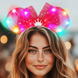 Atigy Mouse Ear Light Up Headband Sequin Ear Bow Hair Hoop LED Festival Hair Accessories for Women (Rose red, One Size)
