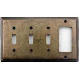 Classic Accents Deco Aged Antique Brass 4 Gang Wall Plate - 3 Toggle Light Switch Openings 1 GFI/Rocker Opening