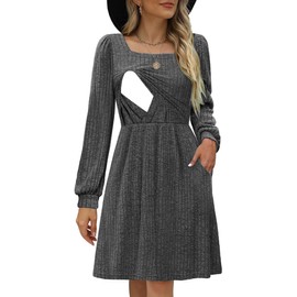 CzzzyL Mother Nursing Knit Dresses Puff Long Sleeve Sweater for Winter Postpartum Square Neck Photoshoot Dress with Pockets BlackGrey Large