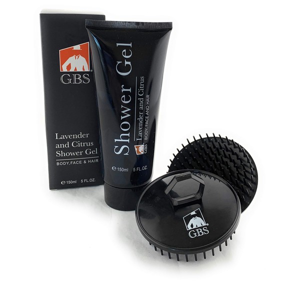GBS Shampoo Massage Brush No.100-2 pack Black Brush - Scalp Massager for Hair Growth Beard Brush - Plus GBS Lavender and Citrus Shower Gel 5 oz (150 ML) for Body, Face and Hair - Feel clean and fresh