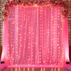 10ft x 10ft Hot Pink Tulle Photo Backdrop Curtain with Lights String for Parties Wedding Sheer Fuchsia Curtain Backdrop for Birthday Party Bridal Shower Photo Booth Photography Background Decorations