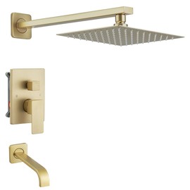 Heable ‎Brushed Gold Shower Faucet Set with Tub Spout Bathroom Luxury Rain Mixer Shower Head System Wall Mounted Shower Faucet Complete, Single Handle Tub and Shower Trim Kit with Rough-in Valve