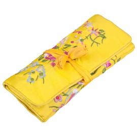 KYEYGWO Chinese Embroidery Travel Jewelry Roll with Flowers and Bird Embroidery, Jewelry Organizer Portable Hand Roll Bag Jewelry Bag for Necklace Ring Bracelet Storage, Yellow