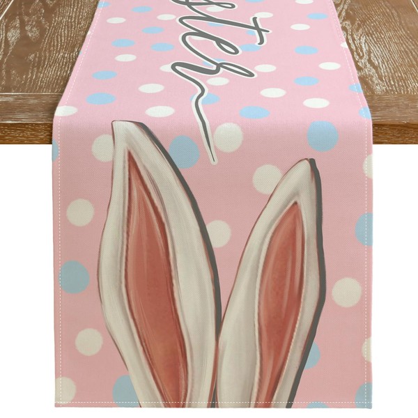 ARKENY Happy Easter Table Runner 13x48 Inches, Bunny Rabbit Ears