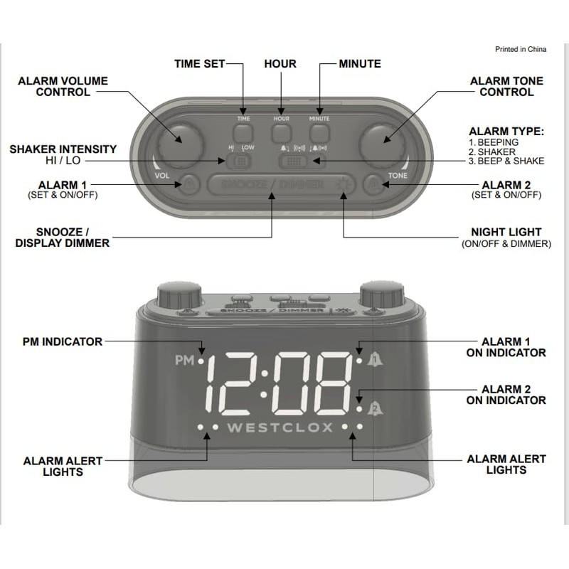 Westclox Vibrating Bed Shaker Alarm Clock with Adjustable Intensity and
