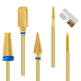 CGBE Nail Drill Attachments, 5 Pieces Gold Nail Cutter Bits Remove Gel Acrylic Cuticle, 3/32 Inch Tungsten Carbide Cutter Attachments Carbide Grinding Heads for Nail Preparation, Set-B