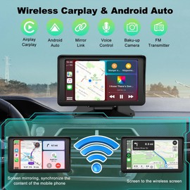 Apple Carplay Screen for Car, 7" HD Portable Wireless Apple Carplay & Android Auto Touchscreen, with 1080P Backup Camera, Car Play Screen Tablet, GPS Navigation/Mirror Link/Bluetooth/FM/Voice Control