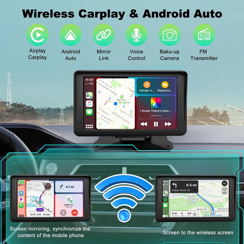Apple Carplay Screen for Car, 7" HD Portable Wireless Apple
