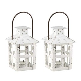 Kate Aspen Mini Decorative Candle Lanterns, Set of 2, Vintage Distressed Metal Lantern Candle Holders for Wedding Centerpiece, Home Decor and Party Favor, White