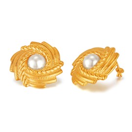 Rockyu Gold Big Pearlized Stud Earrings for Women Gorgeous Wedding Party Accessory Gift, Stainless Steel, Pearl