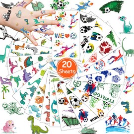 Children's Tattoos, 20 Sheets Temporary Tattoos, Children's Football Dinosaur Temporary Tattoo Stickers, Waterproof Cartoon Children's Tattoos Set for Boys Girls Children's Birthday Party Bag Party