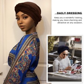 DRESHOW Pack of 5 African Women's Turban Braid Headwear Headscarves Chemo Cap Pre-Tied Beanie Hat Head Wrap Sleep Hat, 5 pieces twisted braid: solid colour F09