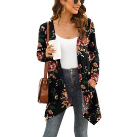 Veryoung Black Long Sleeve Plus Size Cardigan for Women Lightweight Knitted Drape Flower Cardigans Sweater Dusters with Pockets High Low Hem 2024,XXL