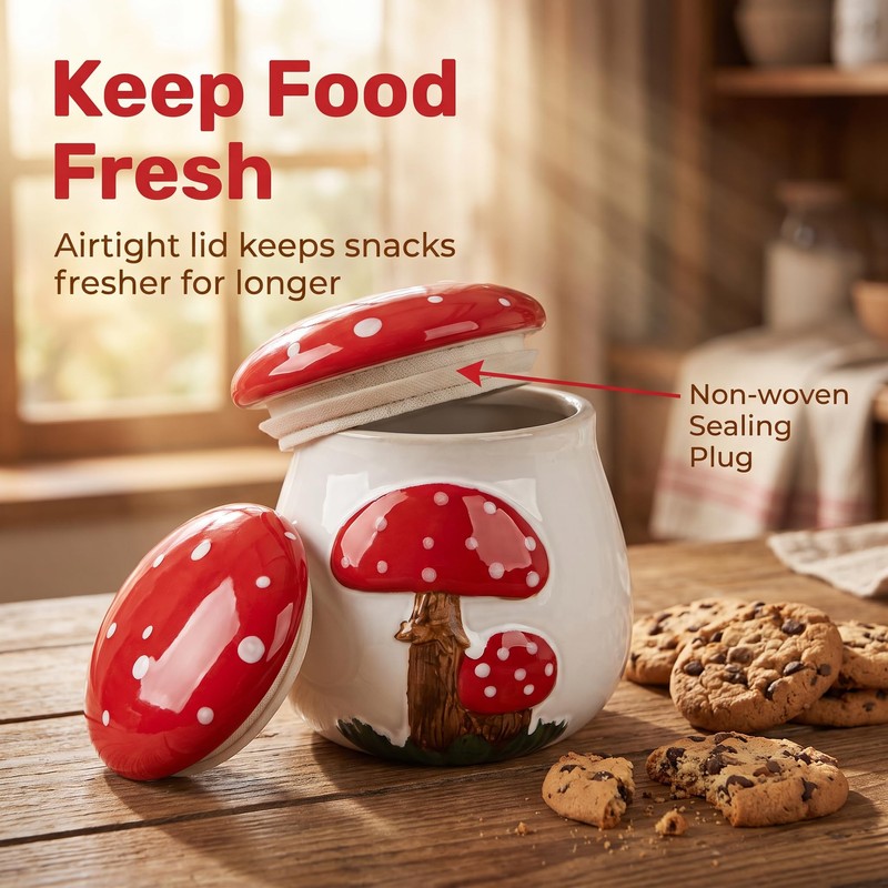 Ceramic Airtight Cookie Jar with Lid Mushroom Candy Canister Relief