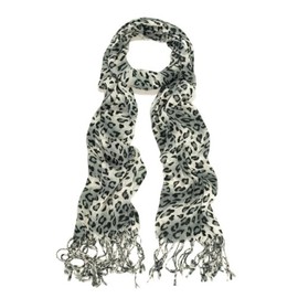TrendsBlue Elegant Leopard Animal Print Scarf with Fringe, Gray