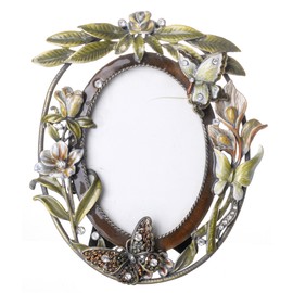 ChezMax Stylish Green Flower and Butterfly Pattern Ellipse Metal Photo Frame Home Decor Desktop Picture Frame Table Top Frame 2.5" X 3.5"