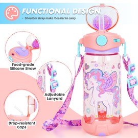 Kids Water Bottle with Straw & Strap for School Kids Girls Boys, 22oz BPA Free Child Drinking Water Bottle One-Click-Open Leak-Proof Locking Flip Lid for Back to School Sport Travel