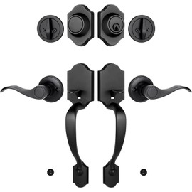 Double Front Door Handle Set with Dummy and Deadbolt, Entry Front Door Lock Set with Classic Half Grip Curved Door Handle for Exterior Doors or Office, Matte Black