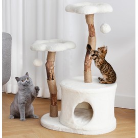 NATURAL EXPRESSIONS Modern Cat Tree and Tower for Indoor, Luxury Solid Wood Cat Condo for Large Cats, Flower Cat Tree with Scratching Post, Cat Climbing Furniture with Cat Hiding Enclosure