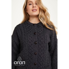 Irish Aran Wool Lumber Jacket Cardigan Sweater (Charcoal Grey, Large)