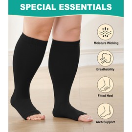BODALA Plus Size Compression Socks: Wide Calf Compression Toeless Stockings for Men Women - Open Toe 20-30 mmHg Compression Hose Support for Travel Nurses 3XL Black
