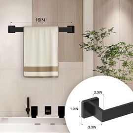 5 Pieces Square Matte Black Stainless Steel Bathroom Accessories Set Include 16 in Towel Bar, Toilet Paper Holder, Towel Ring, 2 Robe Towel Hooks