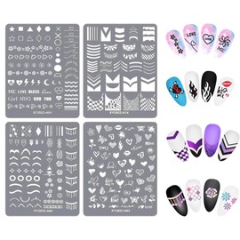 4 Placas de estampar arte uñas, molde de sello de uñas, plantillas de impresión de uñas, Tablero dibujo para la gel de uñas, rayas onduladas, patrones naturales, Cuadrado,diseño de estrella de corazón