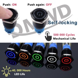 DMWD 2Pcs 16mm Latching Push Button Switch 12V-24V ON/Off 1NO 1NC Waterproof IP66 Black Metal Shell with Wire Socket Hole Power Symbol Light(Red Light)