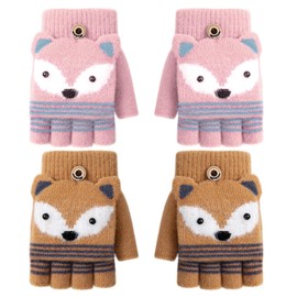 TUONYIS 2 Pairs Children's Half Finger Gloves Fingerless Mittens Girls Boys Cartoon Children Winter Mittens Kids Fingerless Finger Gloves with Flip Top for 3-9 Years, Brown, Pink