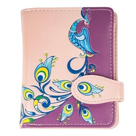 Shag Wear Women's PU Vegan Leather Colorful Slim Trendy Small Bifold Wallet with 4 Credit Card Slots, 1 Zippered Coin Pocket, and Clear ID Window, Peacock Burgundy