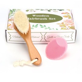 Baby Hair Brush, Wooden Goat Bristles Hair Brush with Silicone Hair Scrubber Cradle Cap Brush for Newborn, Toddler, Boys, Girls Perfect Scalp Grooming