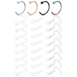 D.Bella 20G Clear Nose Stud Flexible Acrylic Clear Bone L Shaped Nose Rings Stud Screw & Stainless Steel Flat Top L-Shape C Shape Nose Piercing Jewerly