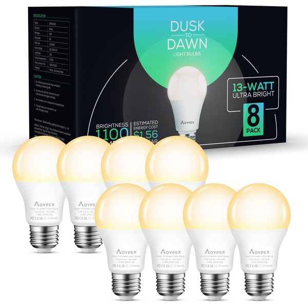 Dusk to Dawn Light Bulbs 8 Pack, Outdoor 13W Ultra Bright(100W Equivalent), A19 E26 2700K Soft White Light Bulb Built-in Smart Photocell Sensor, Auto On Off Bulb for Porch, Garage, Front Door, Patio