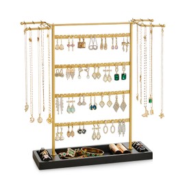 Pinzoveco Jewelry Organizer, 4 Tier Earring Holder Organizer with Base Tray, Jewelry Holder Organizer Stand for Necklaces Holder, Rings, Bracelets, Jewelry Display and Storage, Golden & Black